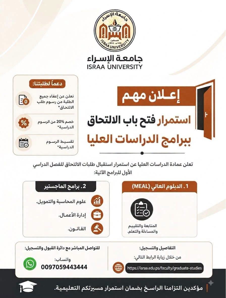 فتح باب الالتحاق لبرامج الدراسات العليا للعام 2026/2027