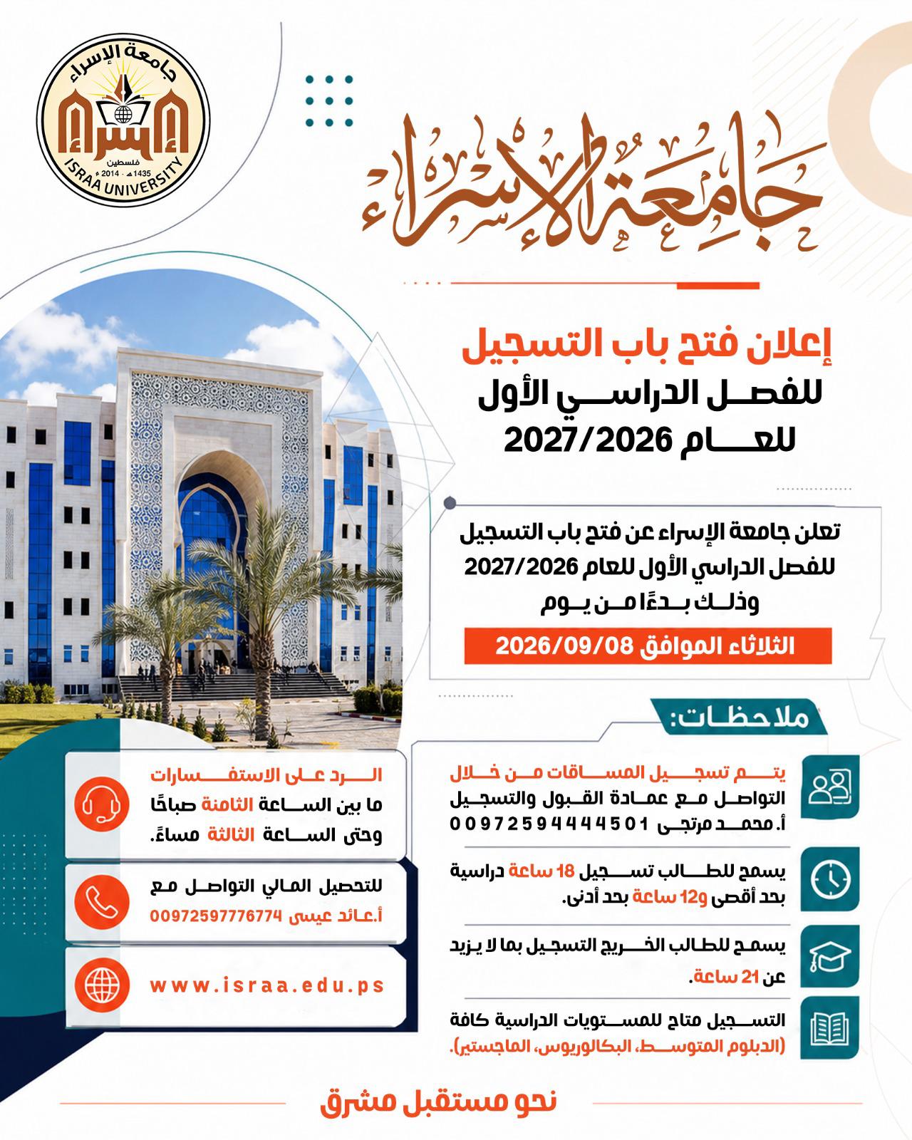 جامعة الإسراء-فلسطين تعلن عن فتح باب التسجيل للفصل الدراسي الاول للعام 2027/2026